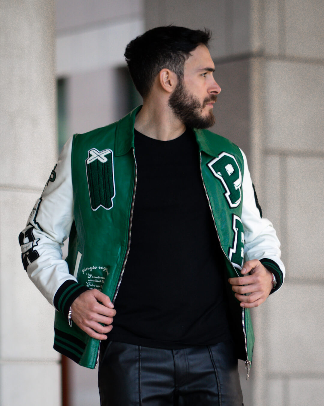 Mens Green Genuine Leather Varsity Jackets | Mens Patched Splicing Genuine Leather Bomber Varsity Jacket | Palaleather , Green & Black / S