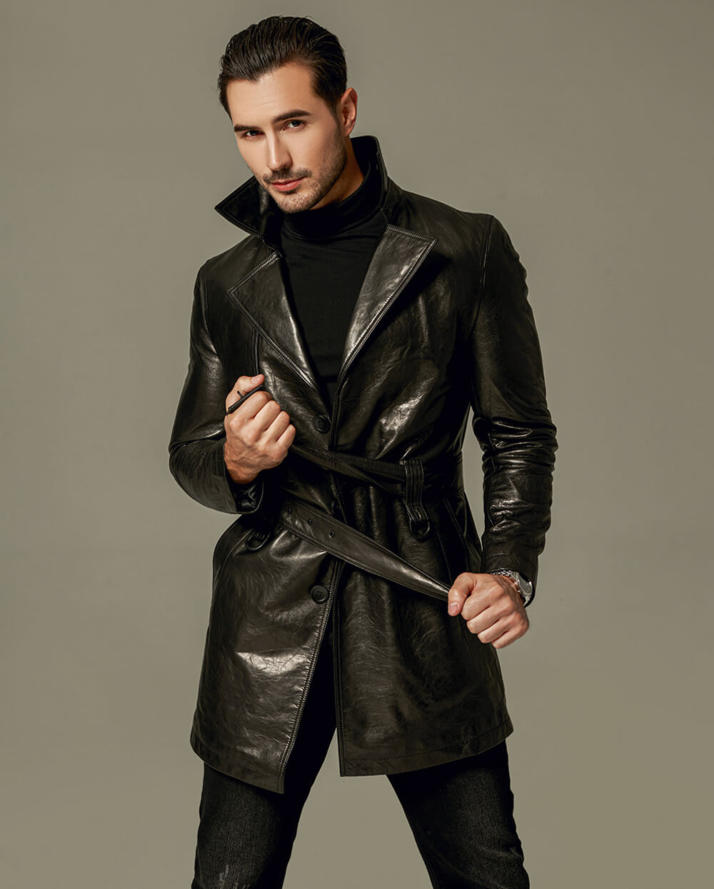 NEW Men's Genuine Lambskin Leather Trench Long Coat Stylish Belted Black  Jacket