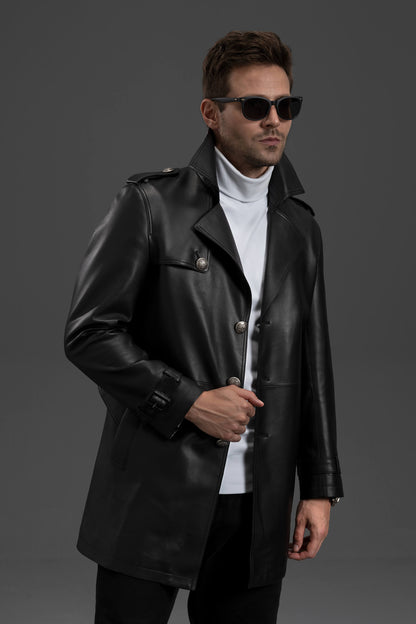 Men's Black/Brown Sheepskin Mid-length Leather Trench Coat with ...