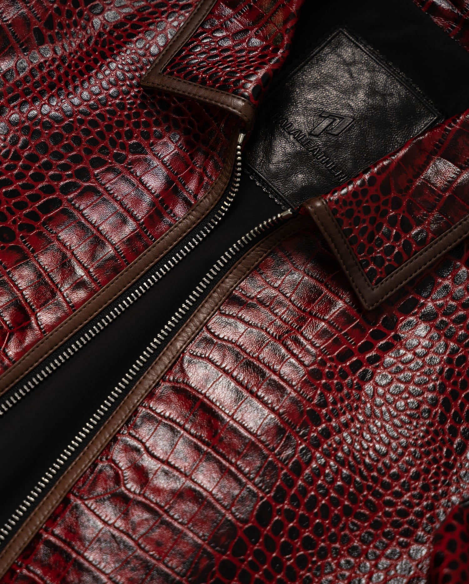 Burgundy croco-like leather handbag