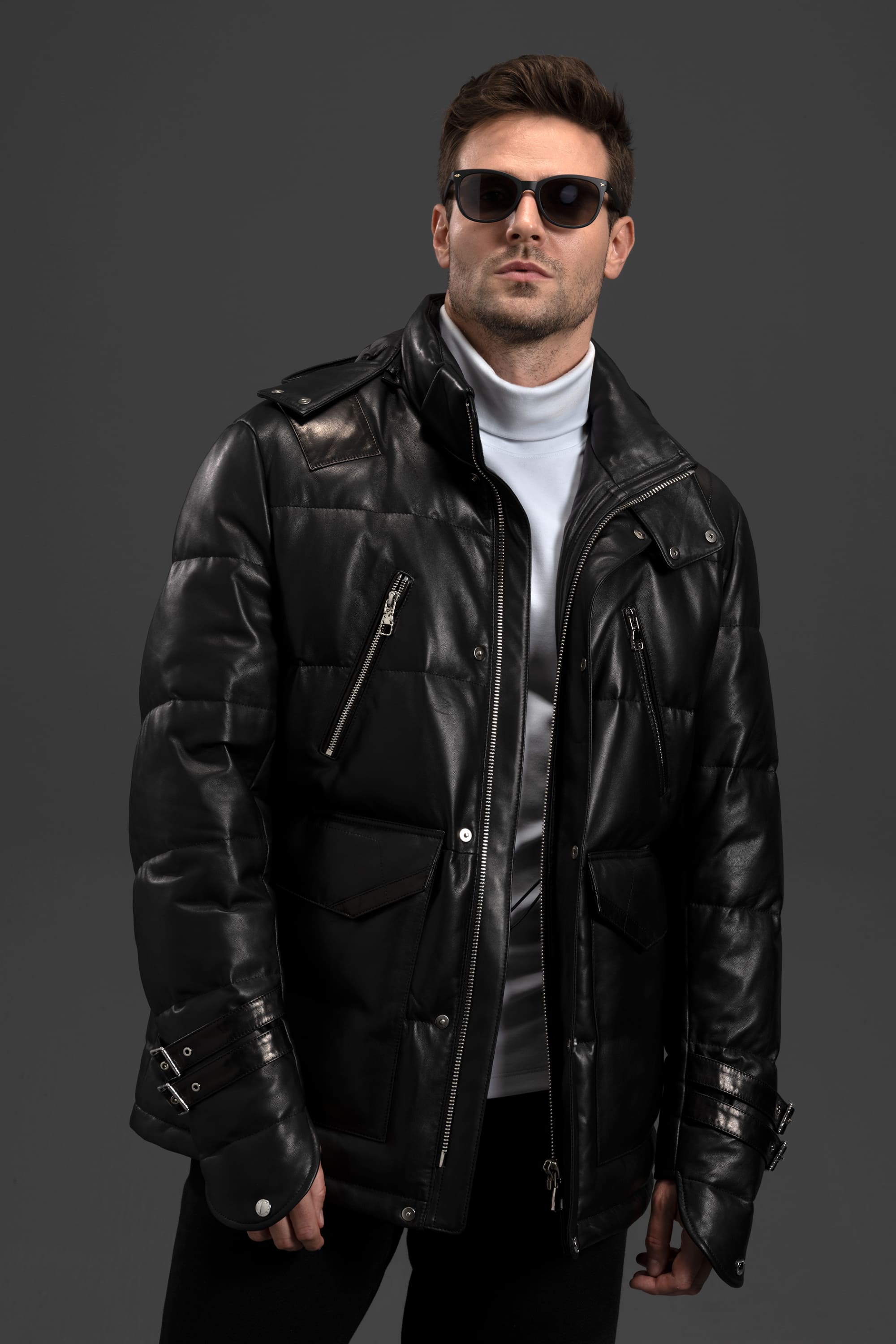 Mens Leather Puffer Jacket | Black Bomber Leather Jacket