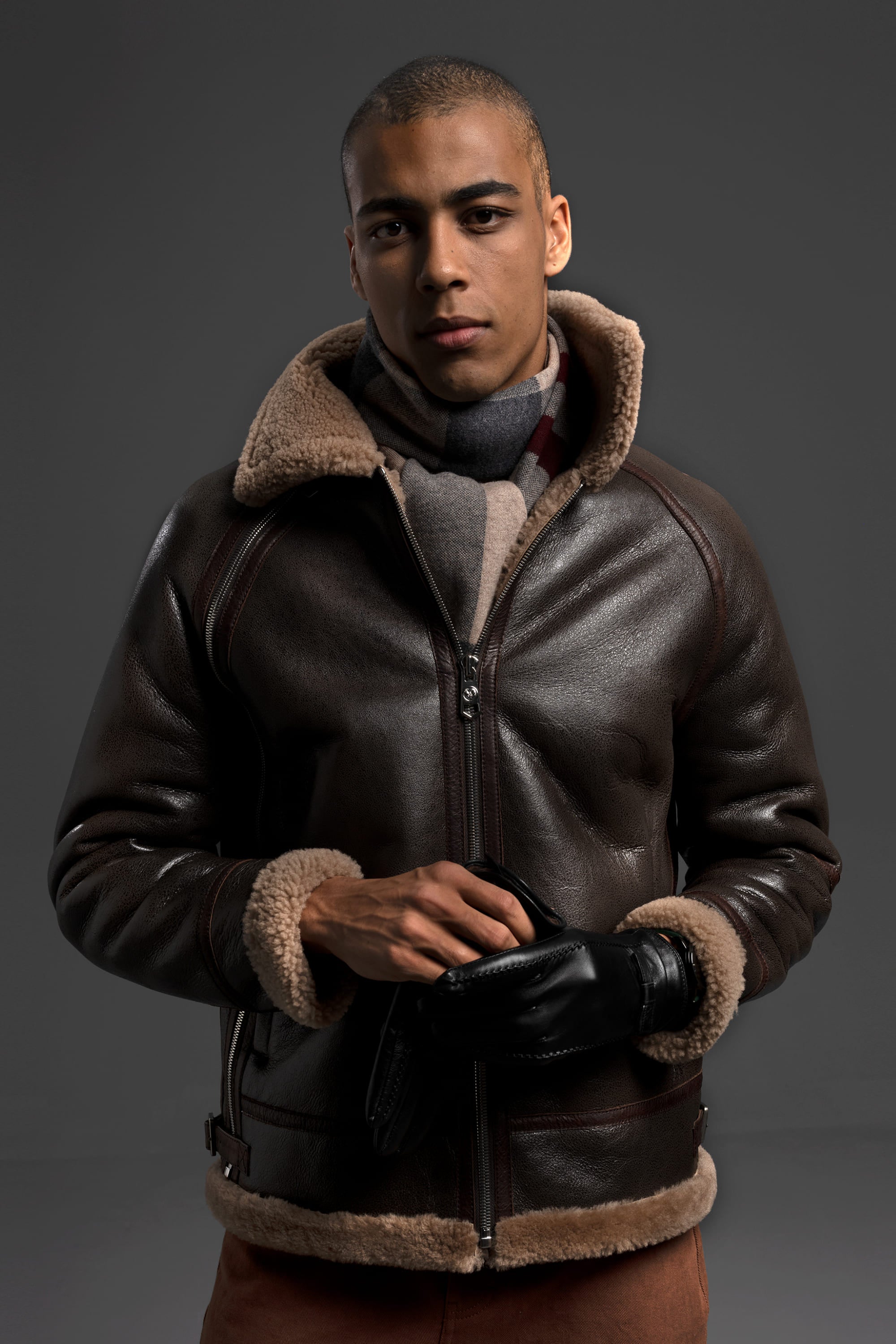 B5: Men's Beige Sheepskin Leather Flying Jacket