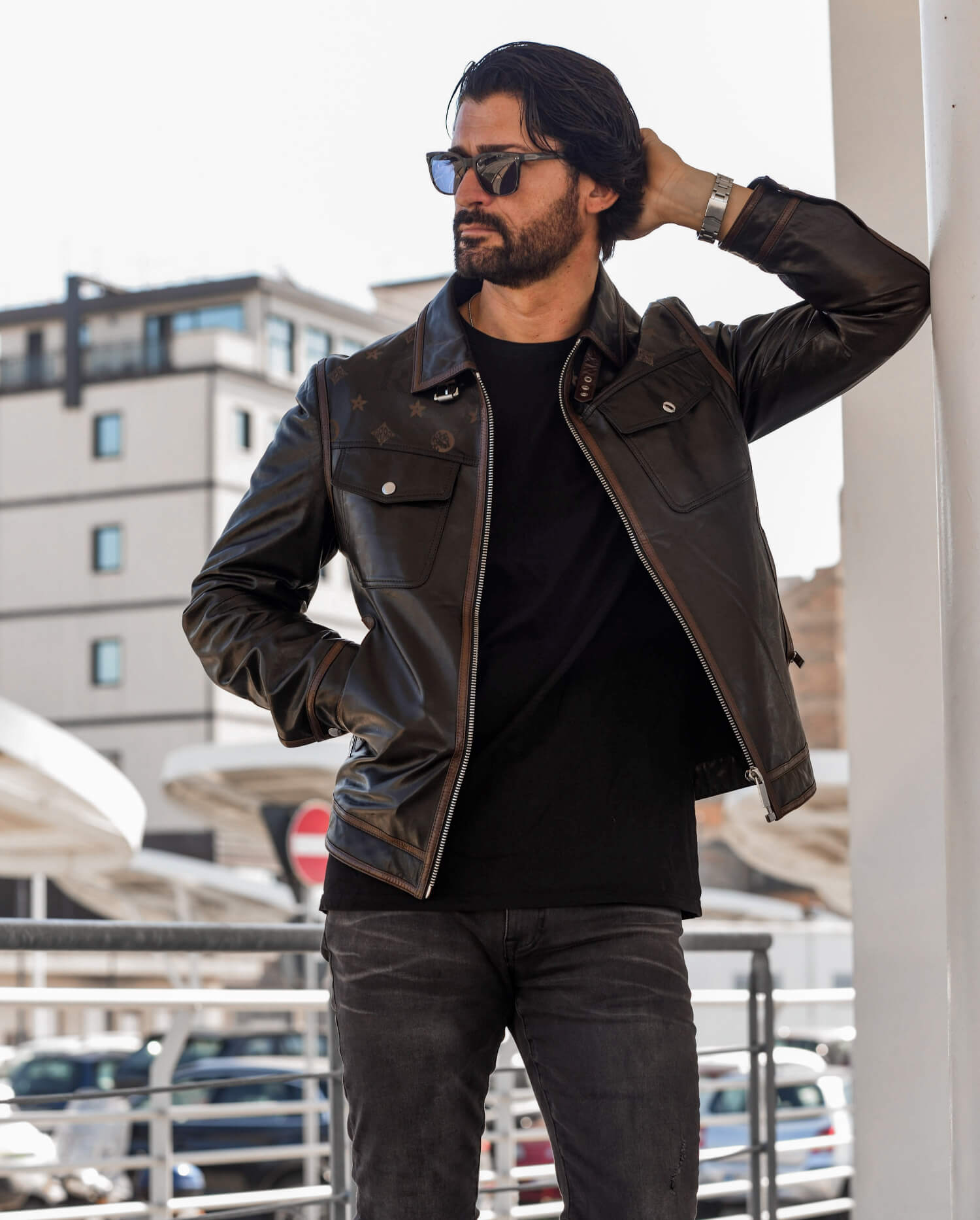 Mens Trucker Leather Jacket Black Classic Lambskin Shirt Style