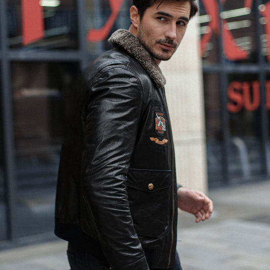 Men's Metal 3D Embroidery Leather Jacket with Fur Collar | PalaLeather