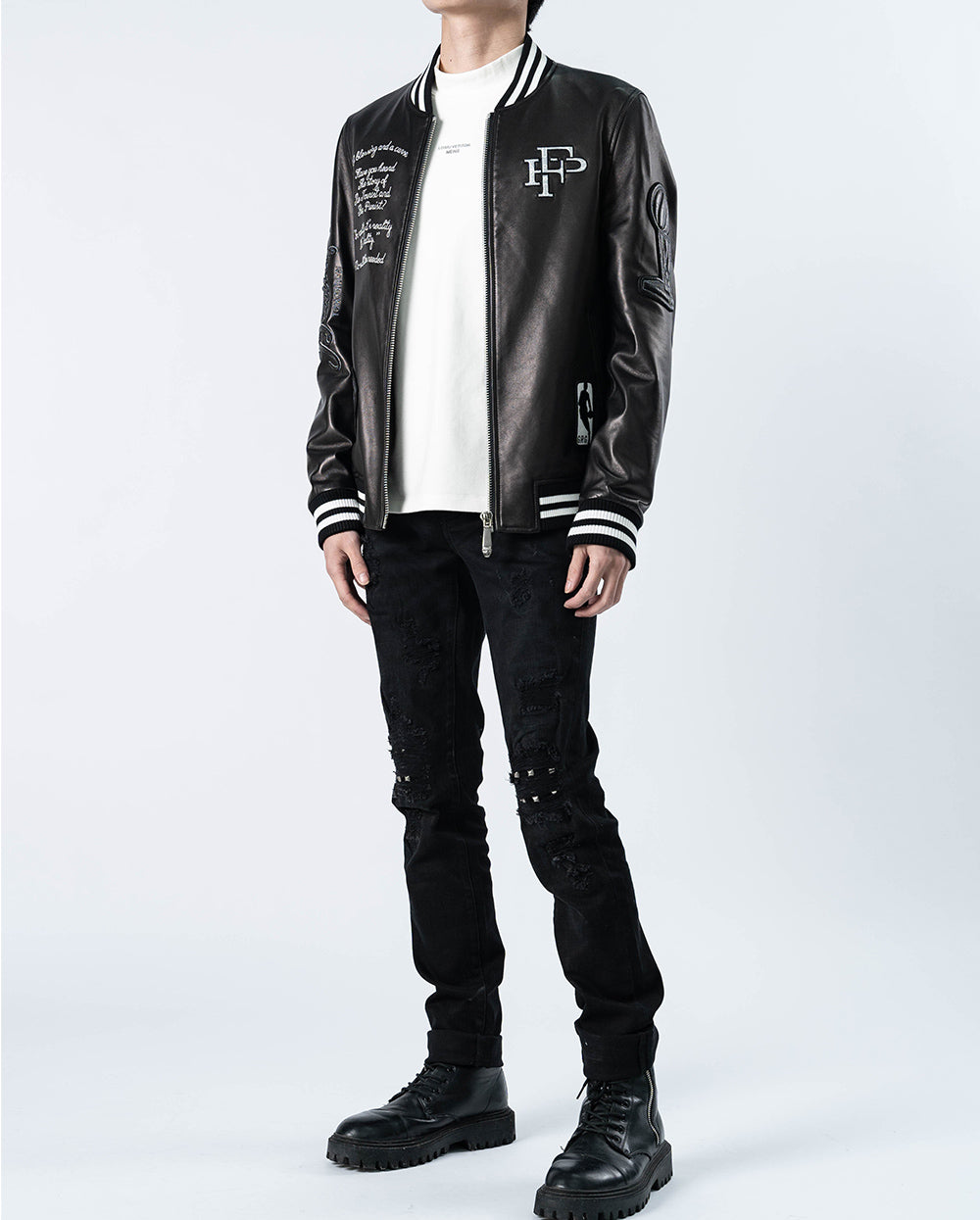 Black-Green Lambskin Letter Patched Leather Varsity Bomber Jacket