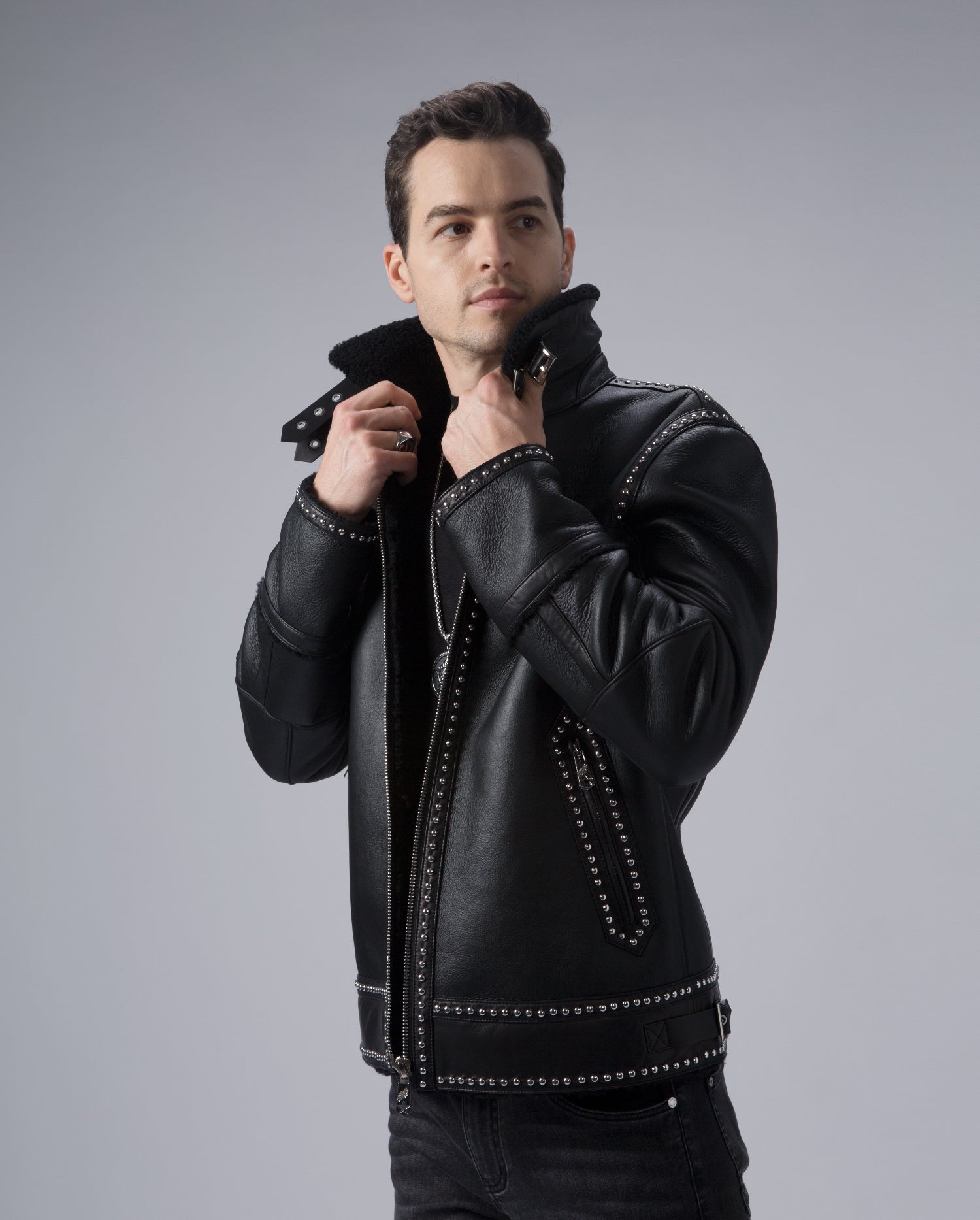 Black fur real Leather jacket - レザージャケット