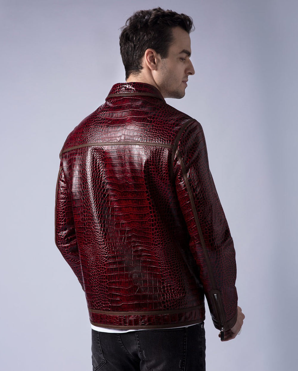 Korean fashion - mens red leather crocodile skin moto jacket.