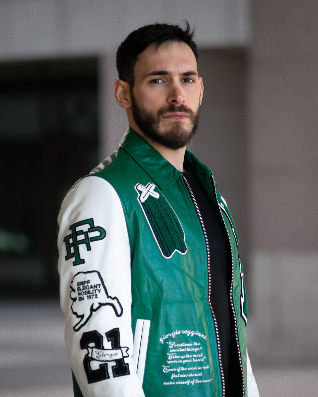 Black-Green Lambskin Letter Patched Leather Varsity Bomber Jacket