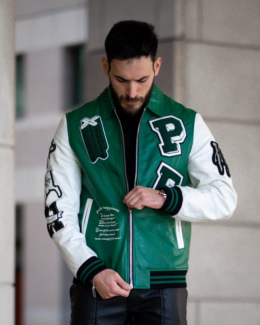 Fashion Mens Black-Green Lambskin Letter Patched Leather Varsity Bomber Jacket | PalaLeather, Black Sleeves / Xs