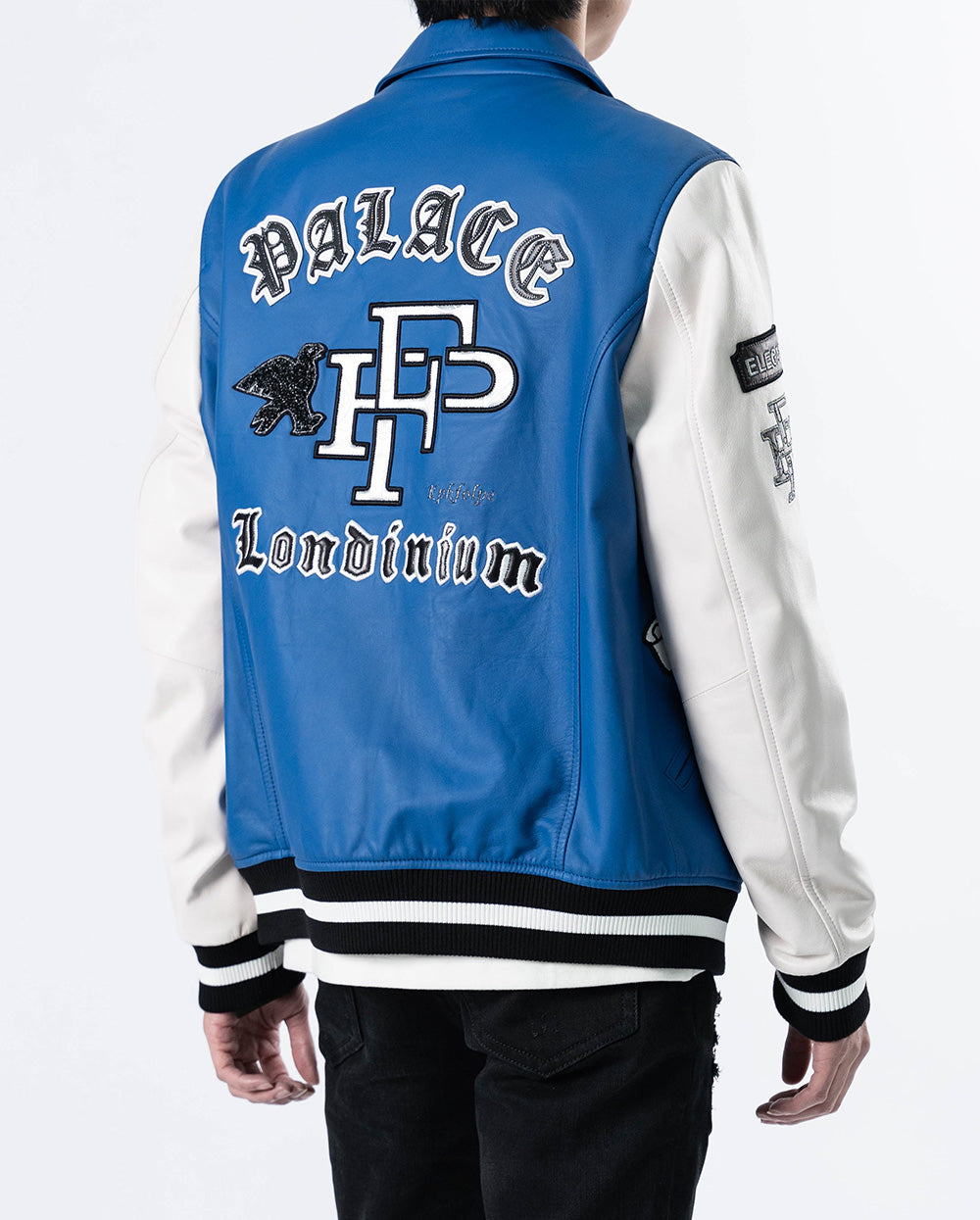 Blue Hooded and White Leather Varsity Jacket For Mens