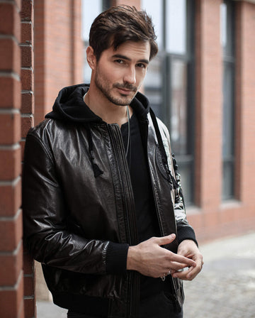 Casual Biker Leather Bomber Jacket with Removable Hood
