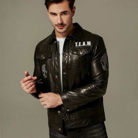 Men's Fashion Printed Denim Genuine Leather Jacket | PalaLeather, Black / XL