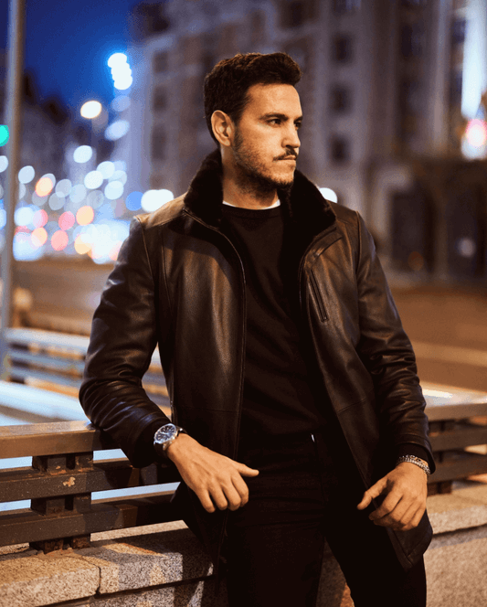 Men's Noir/Rustic Leather Jacket With Shearling Fur Collar – York Furrier