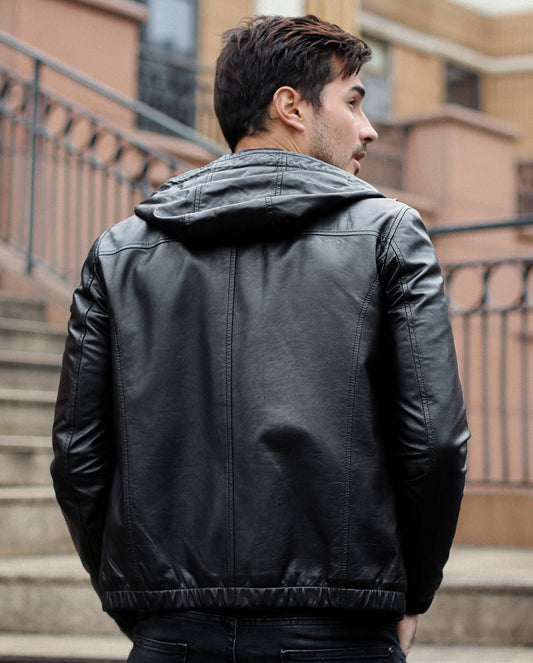 Mens Leather Jacket With Hood in Black