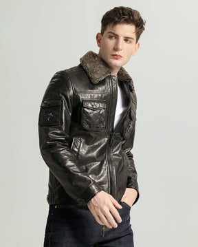 Men's Fashionable Fur Collar Genuine Leather Jacket | PalaLeather